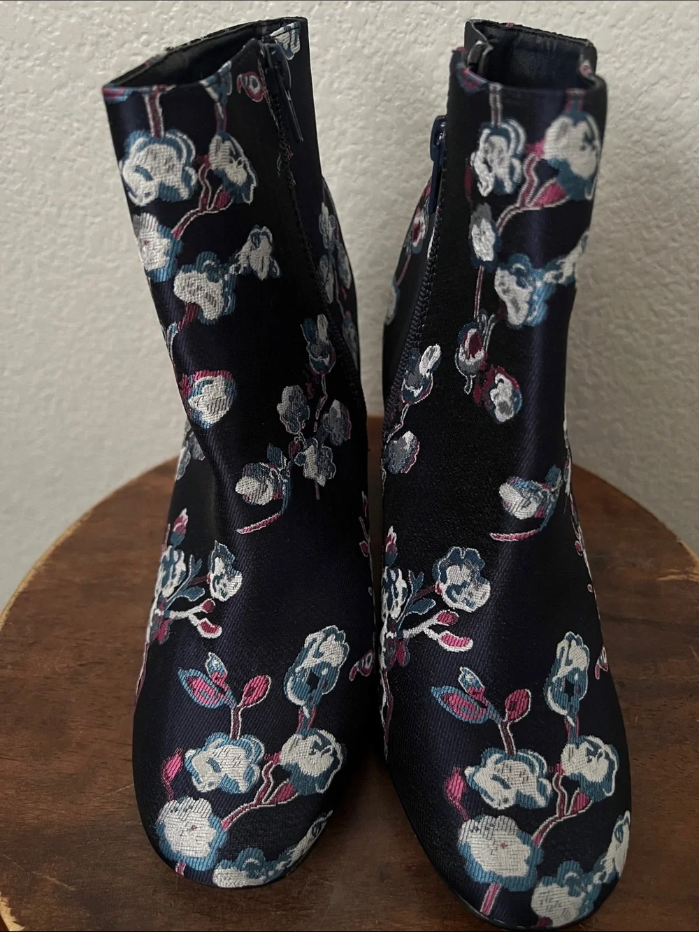 Floral Embroidered Navy Ankle Boots - Women's